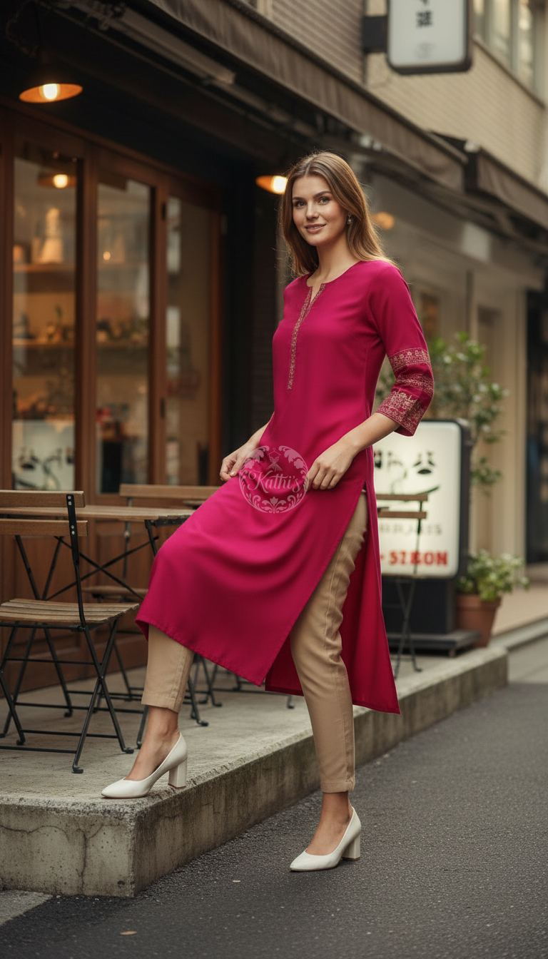Fuchsia Viscose Blend Floral Embroidered Kurta
