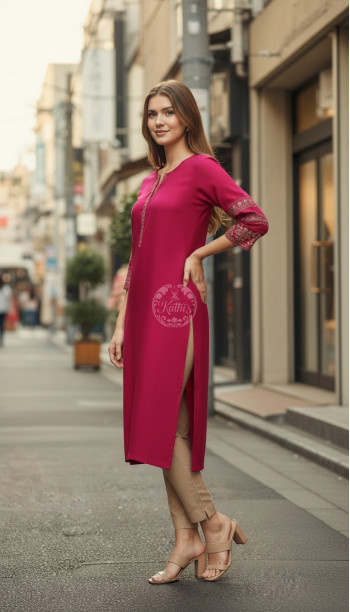 Fuchsia Viscose Blend Floral Embroidered Kurta