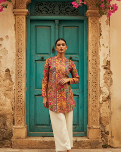 Mustard Muslin Blend Floral Straight Tunic