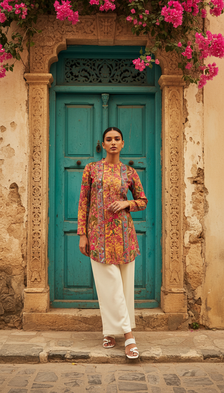 Mustard Muslin Blend Floral Straight Tunic