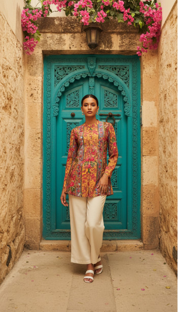 Mustard Muslin Blend Floral Straight Tunic