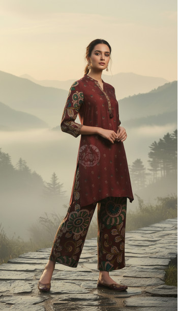 Wine Muslin Kalamkari Print Co-Ord Set With Beads