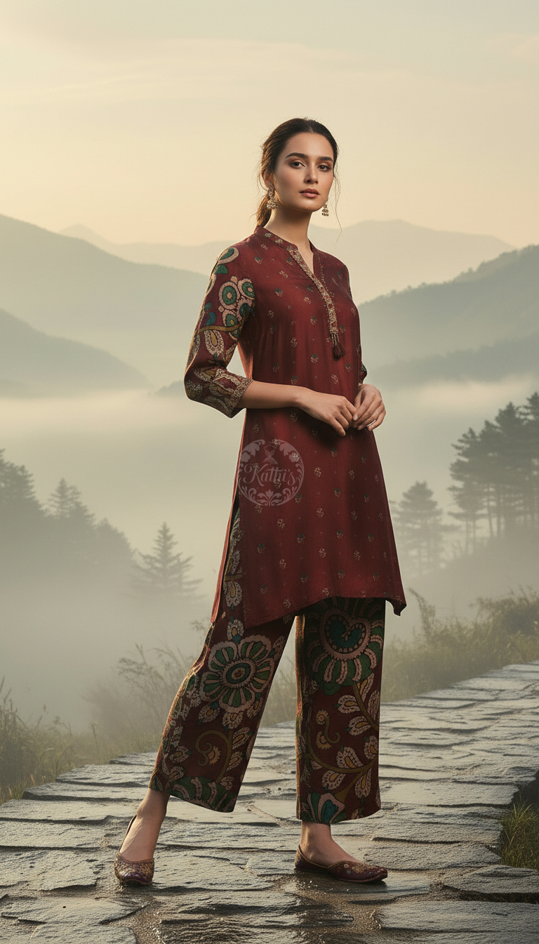 Wine Muslin Kalamkari Print Co-Ord Set With Beads