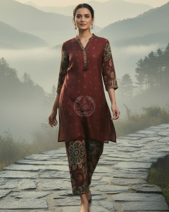 Wine Muslin Kalamkari Print Co-Ord Set With Beads