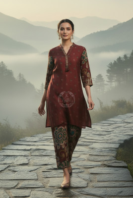 Wine Muslin Kalamkari Print Co-Ord Set With Beads