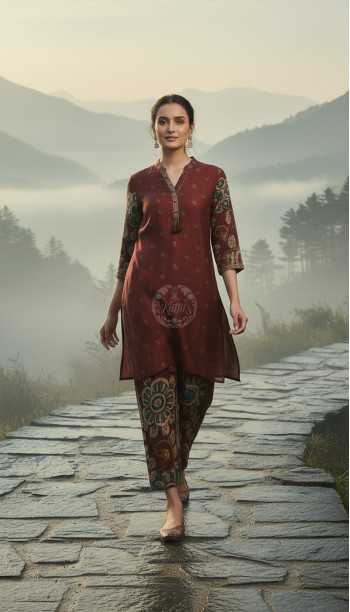 Wine Muslin Kalamkari Print Co-Ord Set With Beads