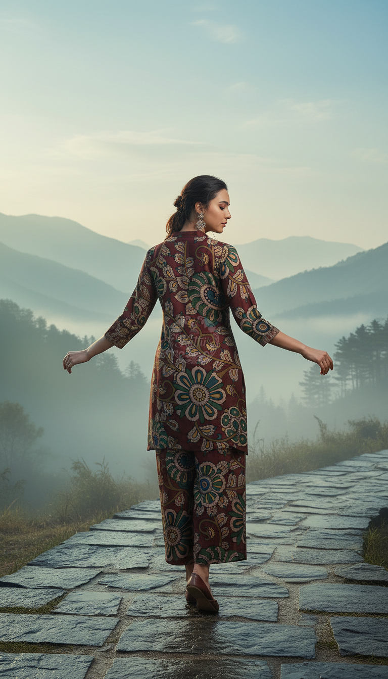 Wine Muslin Kalamkari Print Co-Ord Set With Beads