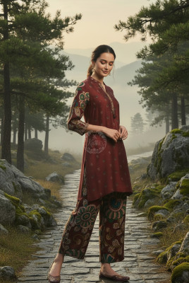 Wine Muslin Kalamkari Print Co-Ord Set With Beads