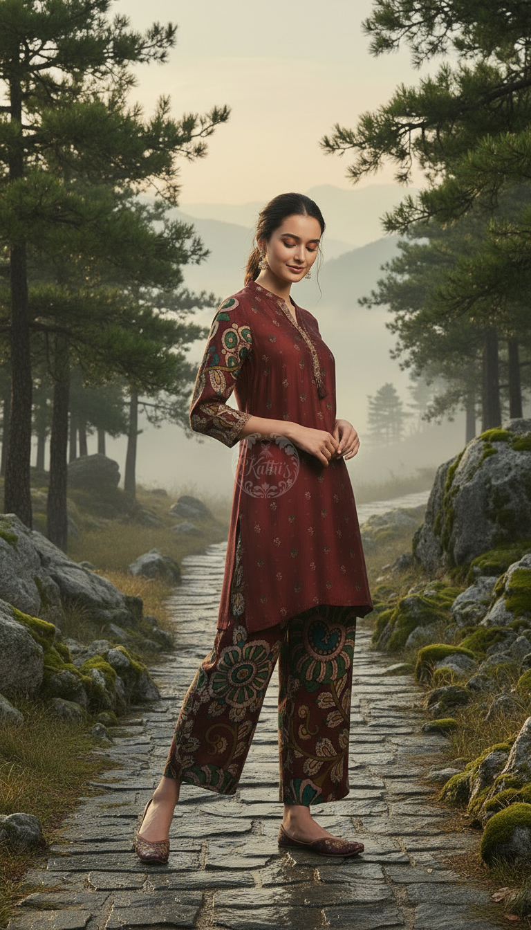 Wine Muslin Kalamkari Print Co-Ord Set With Beads