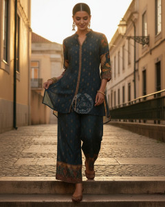 Teal Muslin Kalamkari Print Co-Ord Set