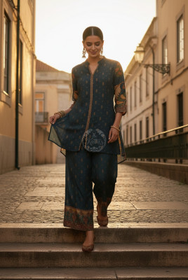 Teal Muslin Kalamkari Print Co-Ord Set