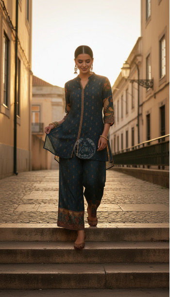 Teal Muslin Kalamkari Print Co-Ord Set