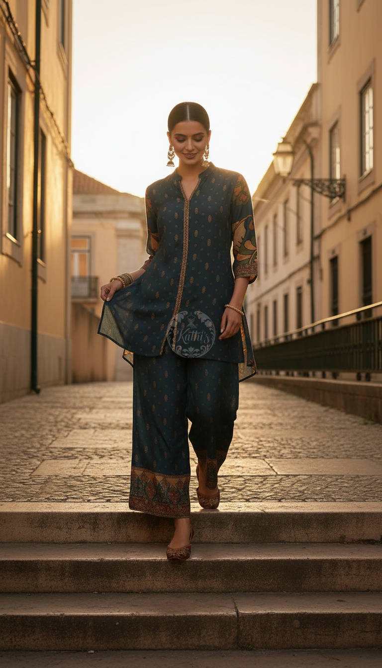 Teal Muslin Kalamkari Print Co-Ord Set