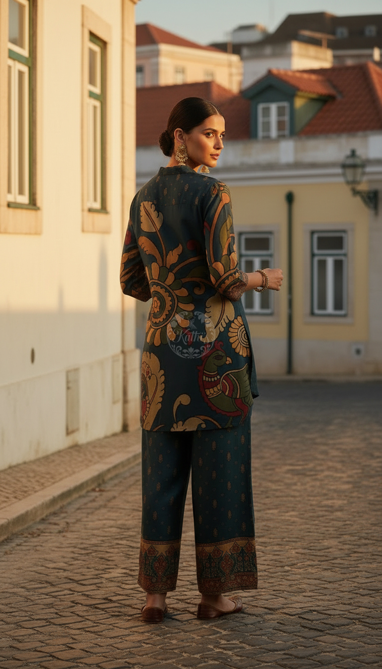 Teal Muslin Kalamkari Print Co-Ord Set