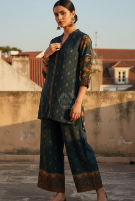 Teal Muslin Kalamkari Print Co-Ord Set