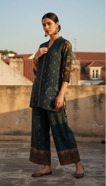Teal Muslin Kalamkari Print Co-Ord Set