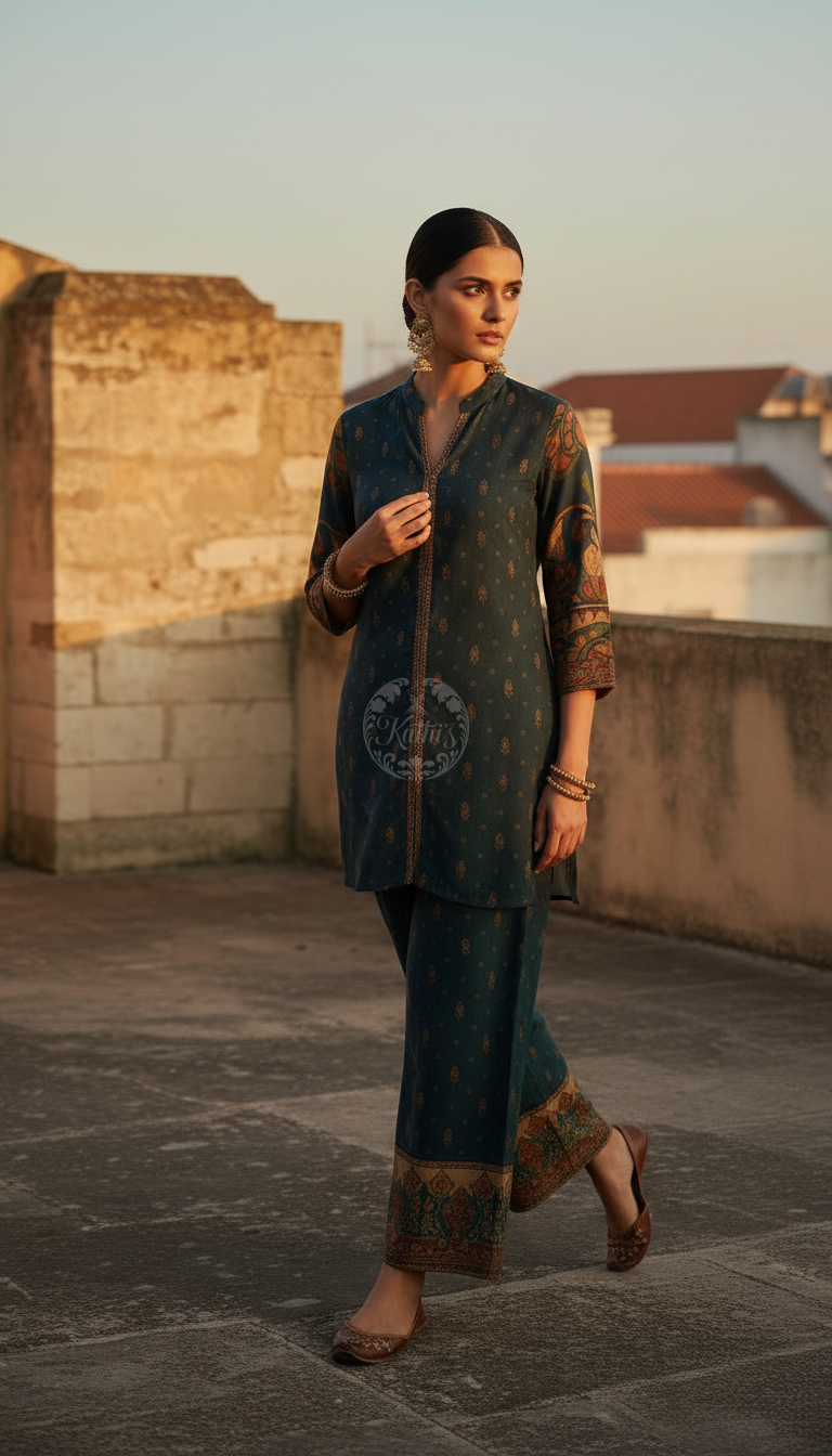 Teal Muslin Kalamkari Print Co-Ord Set