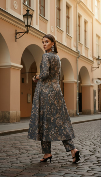 Grey Muslin Floral Print Co-Ord Set