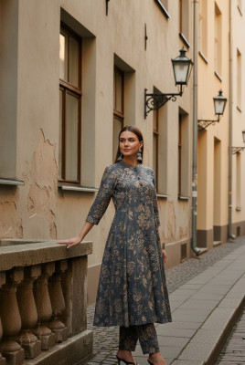 Grey Muslin Floral Print Co-Ord Set
