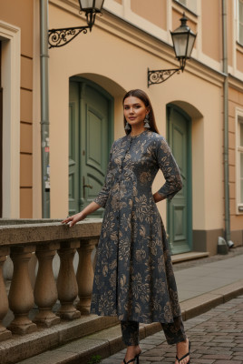 Grey Muslin Floral Print Co-Ord Set