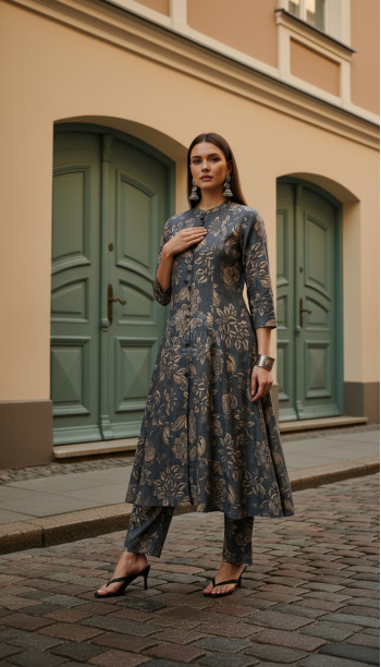 Grey Muslin Floral Print Co-Ord Set