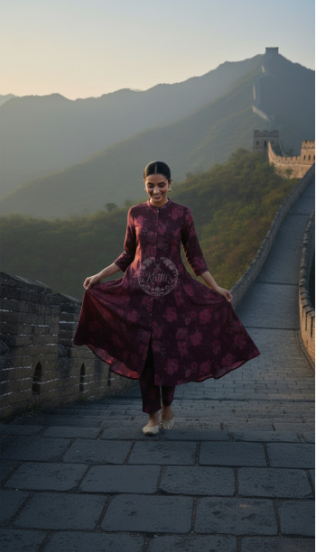 Wine Muslin Floral Print Co-Ord Set