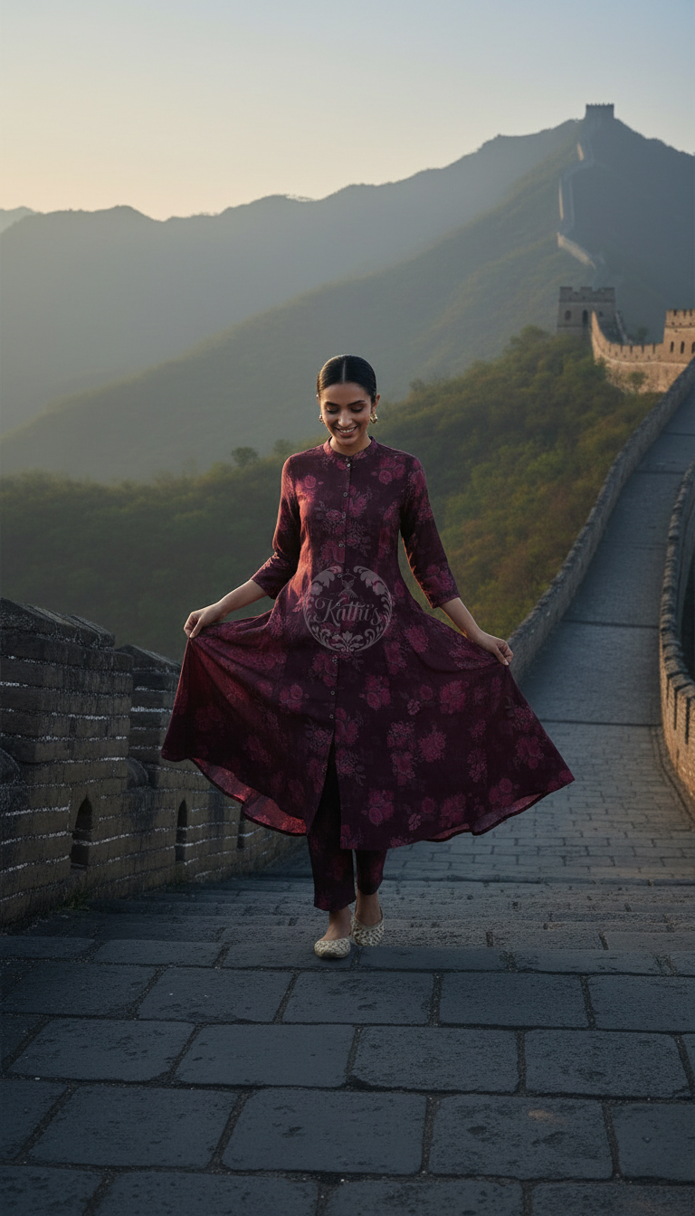 Wine Muslin Floral Print Co-Ord Set