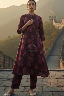 Wine Muslin Floral Print Co-Ord Set