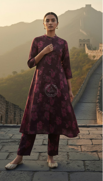 Wine Muslin Floral Print Co-Ord Set