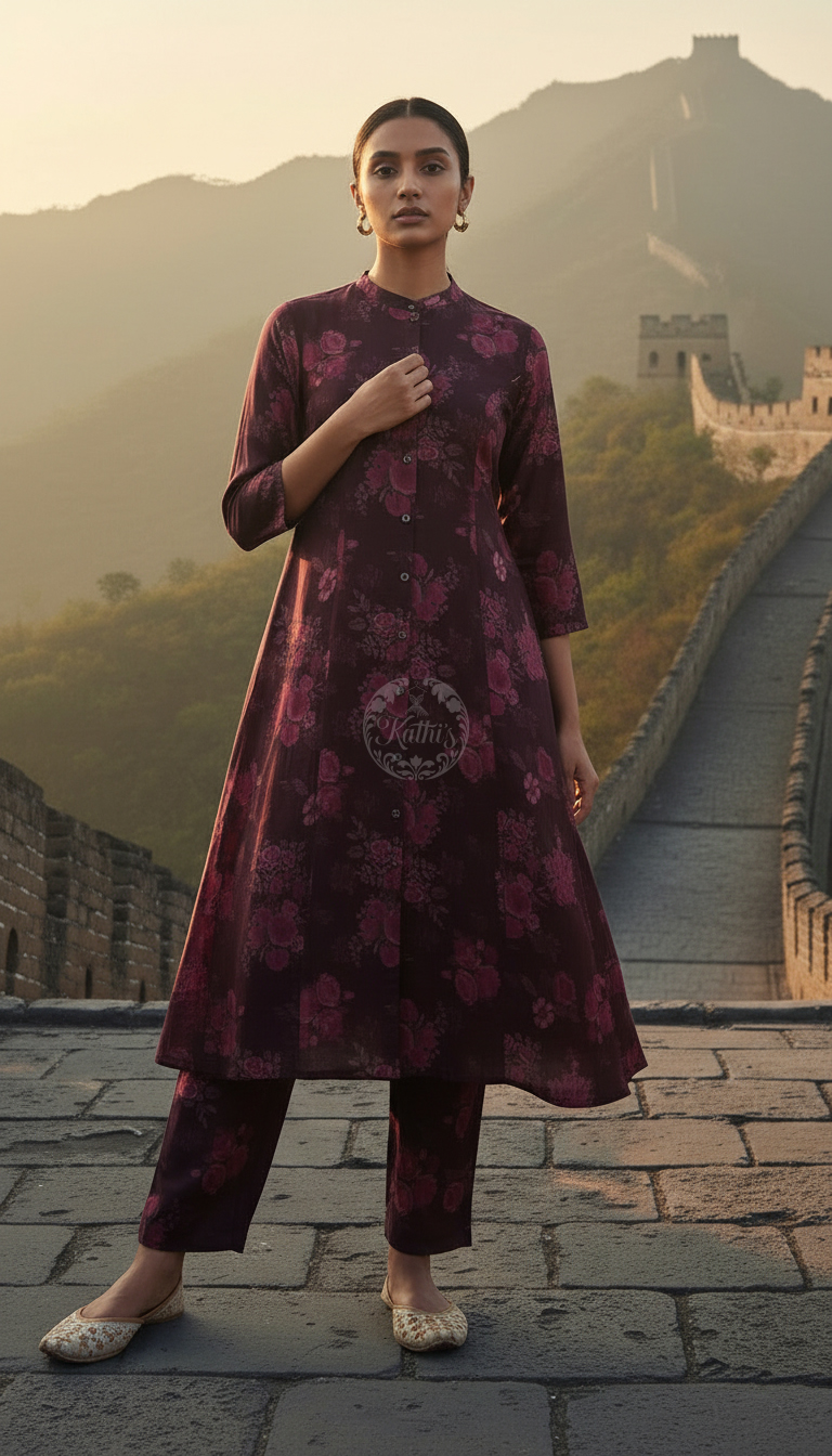 Wine Muslin Floral Print Co-Ord Set