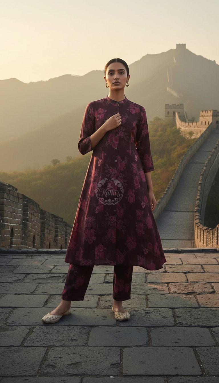 Wine Muslin Floral Print Co-Ord Set