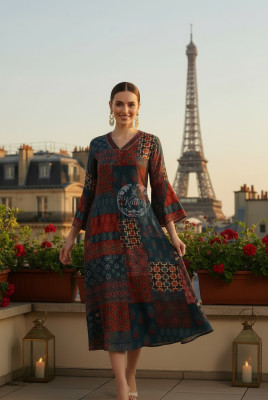 Multicolour Muslin Ethnic Motifs Dress Beads