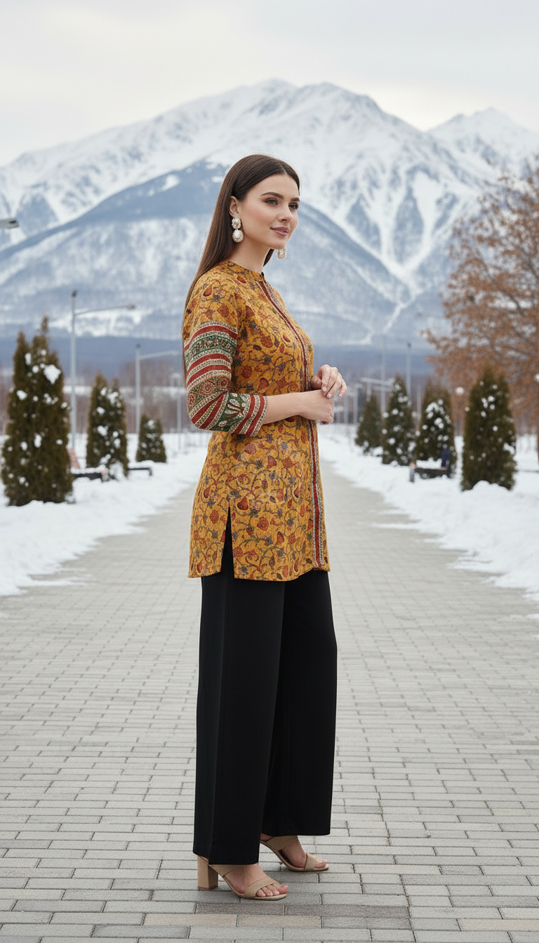 Mustard Art Silk Floral Print Tunic