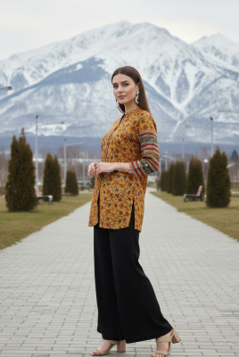 Mustard Art Silk Floral Print Tunic