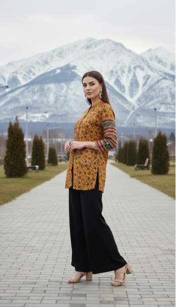 Mustard Art Silk Floral Print Tunic