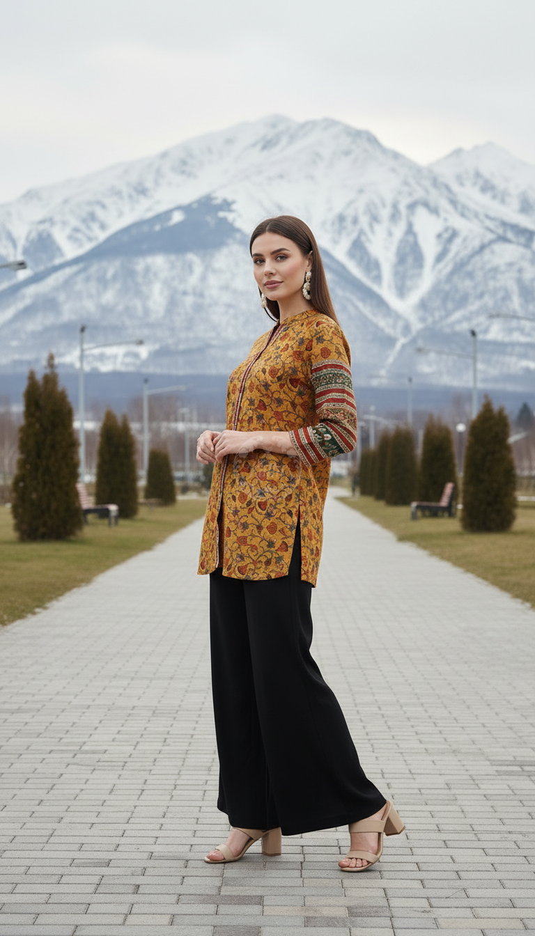 Mustard Art Silk Floral Print Tunic