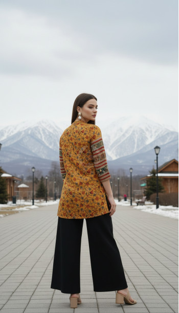 Mustard Art Silk Floral Print Tunic