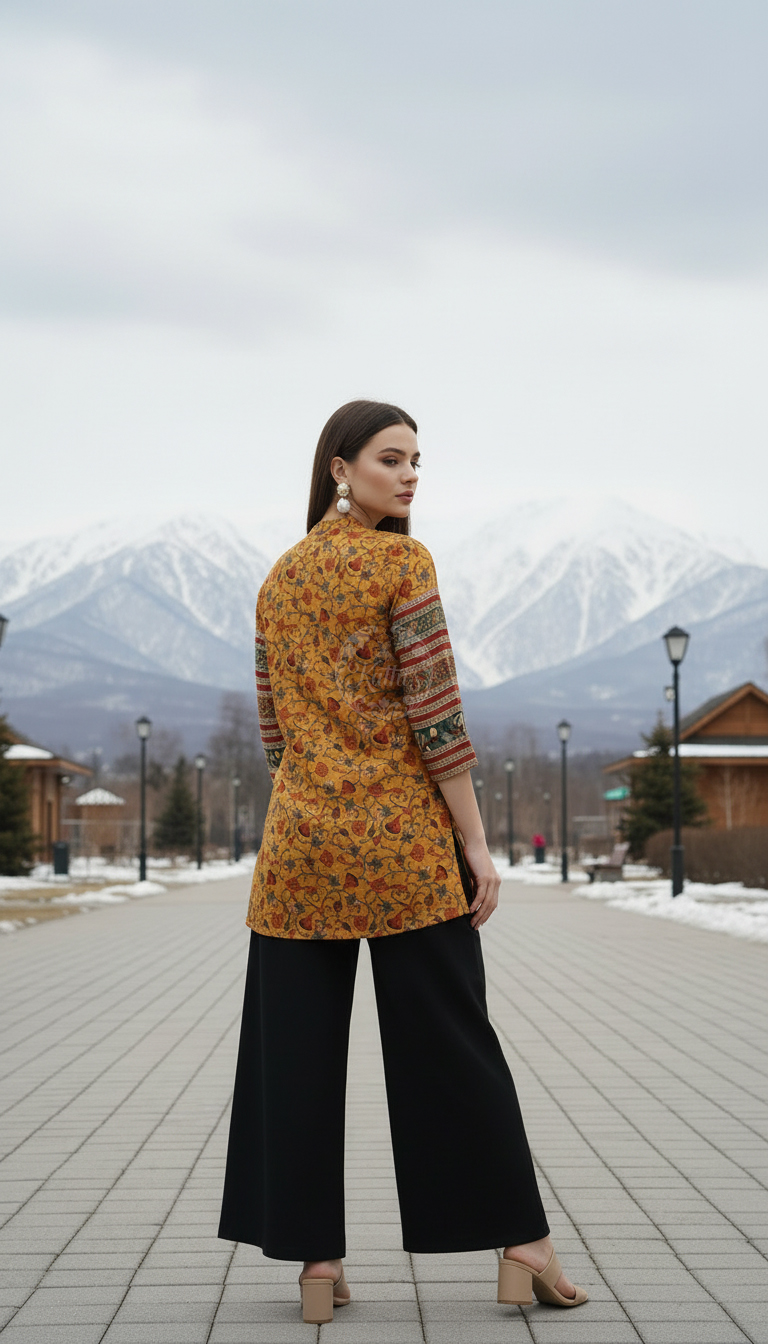 Mustard Art Silk Floral Print Tunic