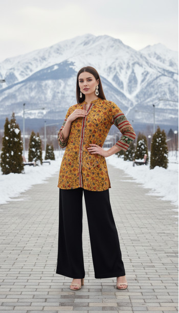 Mustard Art Silk Floral Print Tunic