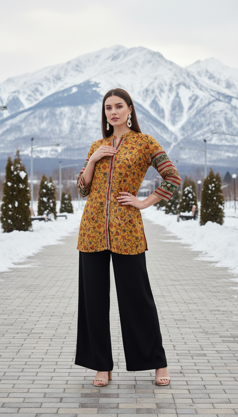 Mustard Art Silk Floral Print Tunic