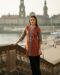 Rust Art Silk Floral Print Tunic