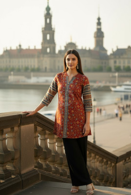 Rust Art Silk Floral Print Tunic
