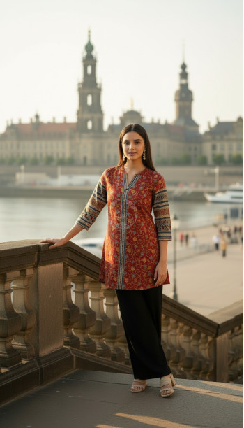 Rust Art Silk Floral Print Tunic