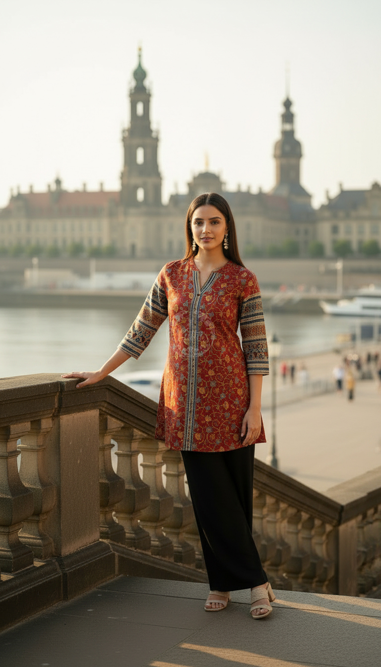 Rust Art Silk Floral Print Tunic