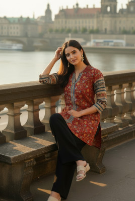 Rust Art Silk Floral Print Tunic