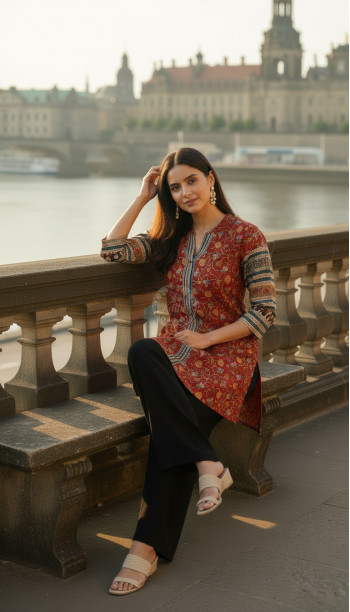 Rust Art Silk Floral Print Tunic