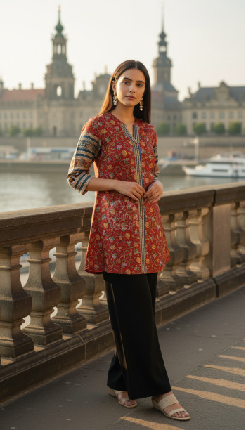 Rust Art Silk Floral Print Tunic