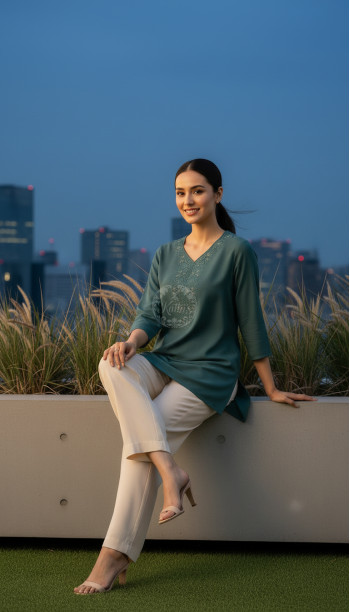 Teal Green Rayon Embroidered Tunic With Thread Work