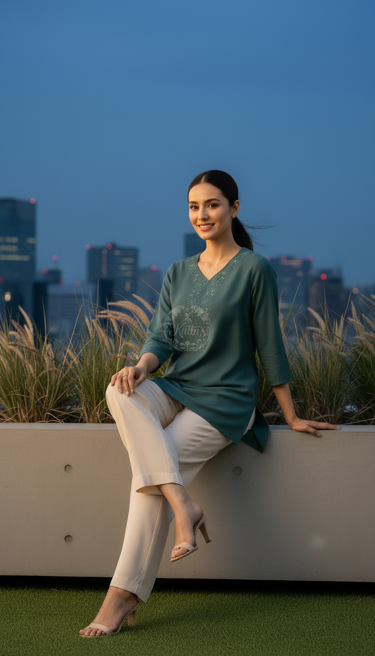 Teal Green Rayon Embroidered Tunic With Thread Work