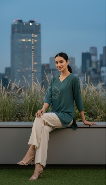 Teal Green Rayon Embroidered Tunic With Thread Work